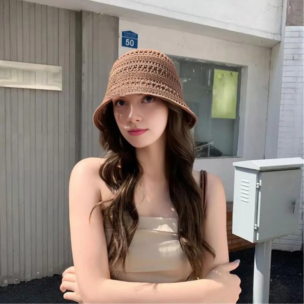 Japanese Style Sun Hat Fisherman Bucket Hat Hand-crocheted Basin Hat Hollow Design Fisherman Cap Short Brim Uv for Outdoor