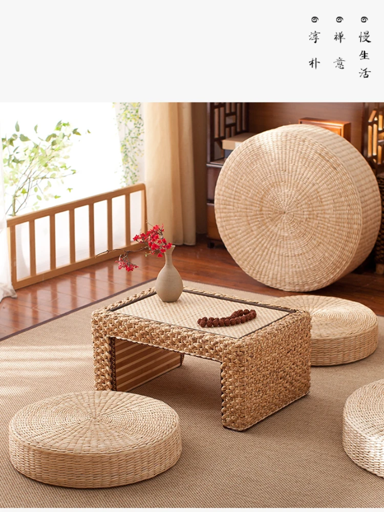 Japanese Tatami Table and Chair Set Futon Cushion Meditation Supplies Bedroom Living Room Balcony Rattan Table