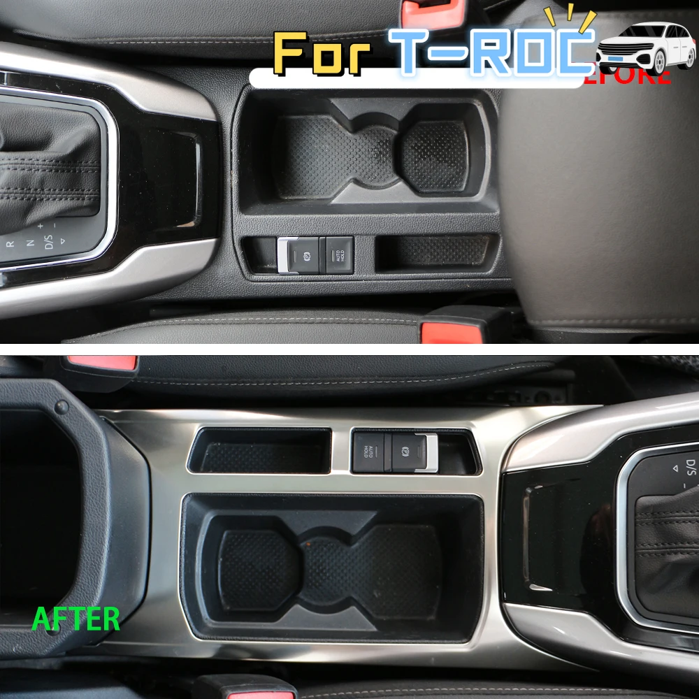 Steel Car Water Cup Cover Trim for Volkswagen VW T-ROC TROC 2018 2019 2020 2021 2022 Central Console Cup Panel Frame Stickers