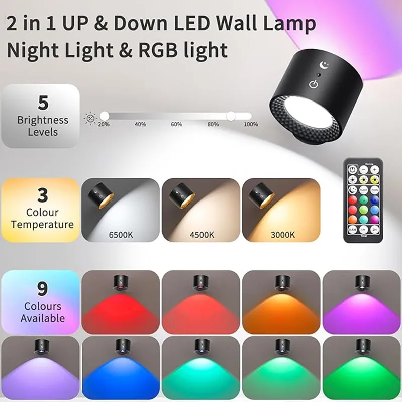 9 Colors 360° Rotation Wall Lamp Mounted Night Lights RGB LED Up Down Remote Rechargeable Wireless Reading Bedroom White Lamp