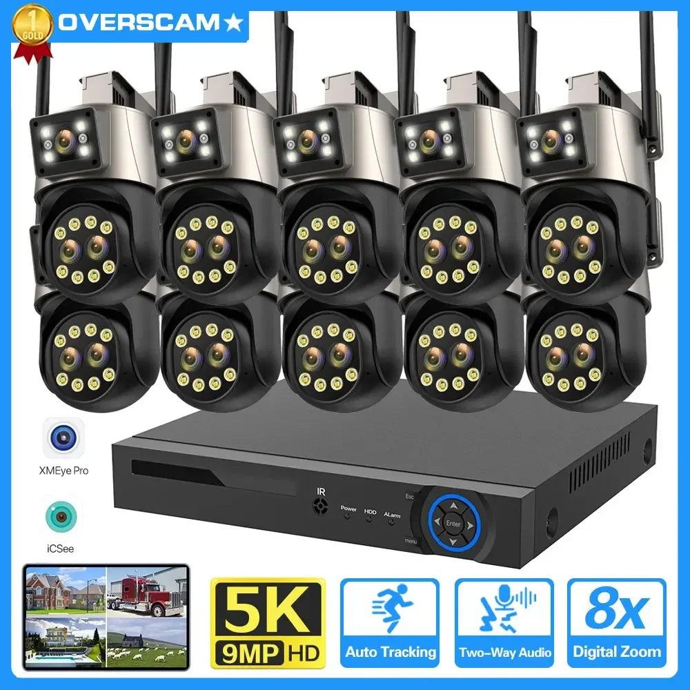 9MP 5K Three-Lens Dual-Screen 8X Digital Zoom Camera 10CH 4K POE NVR PTZ Control Wireless Video Surveillance Security System