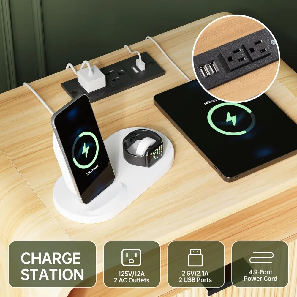 منضدة مخددة مع قاعدة شحن، طاولة نهاية خشبية مع درجين للتخزين، تصميم ملف تعريف منحني، خزانة بجانب السرير حديثة