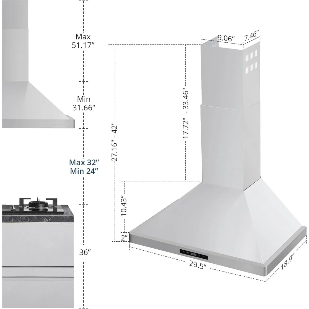 Campana extractora de 30 pulgadas, campana extractora 400CFM para pared sin conductos de 30 pulgadas con conducto de 2m, Control, temporizador, estufa Convertible con conductos