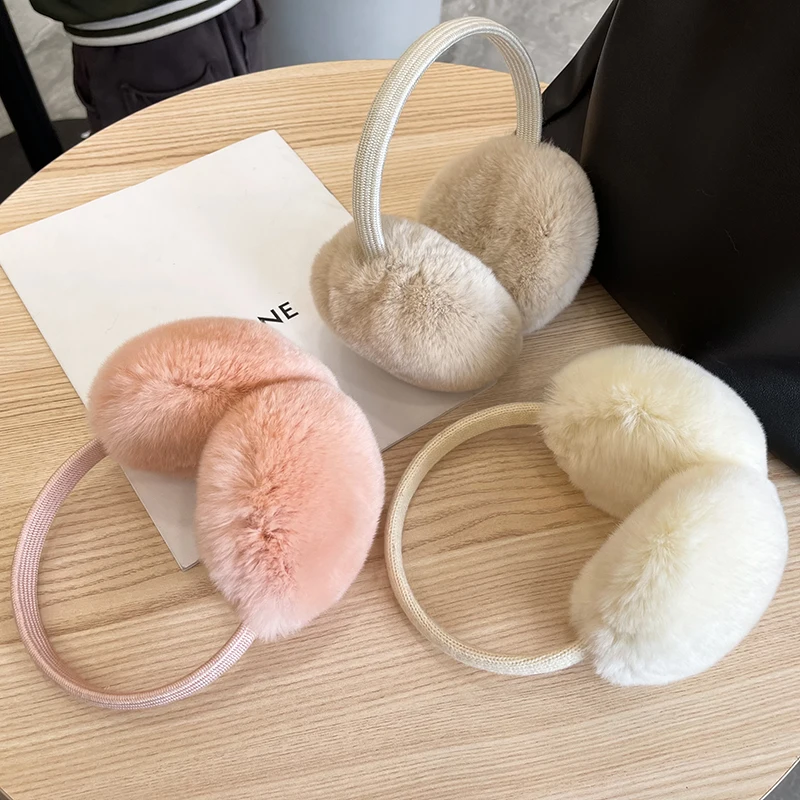 Earmuffs de pele de coelho Rex feminino, orelha quente, acessórios de inverno, outono, natural, 100%