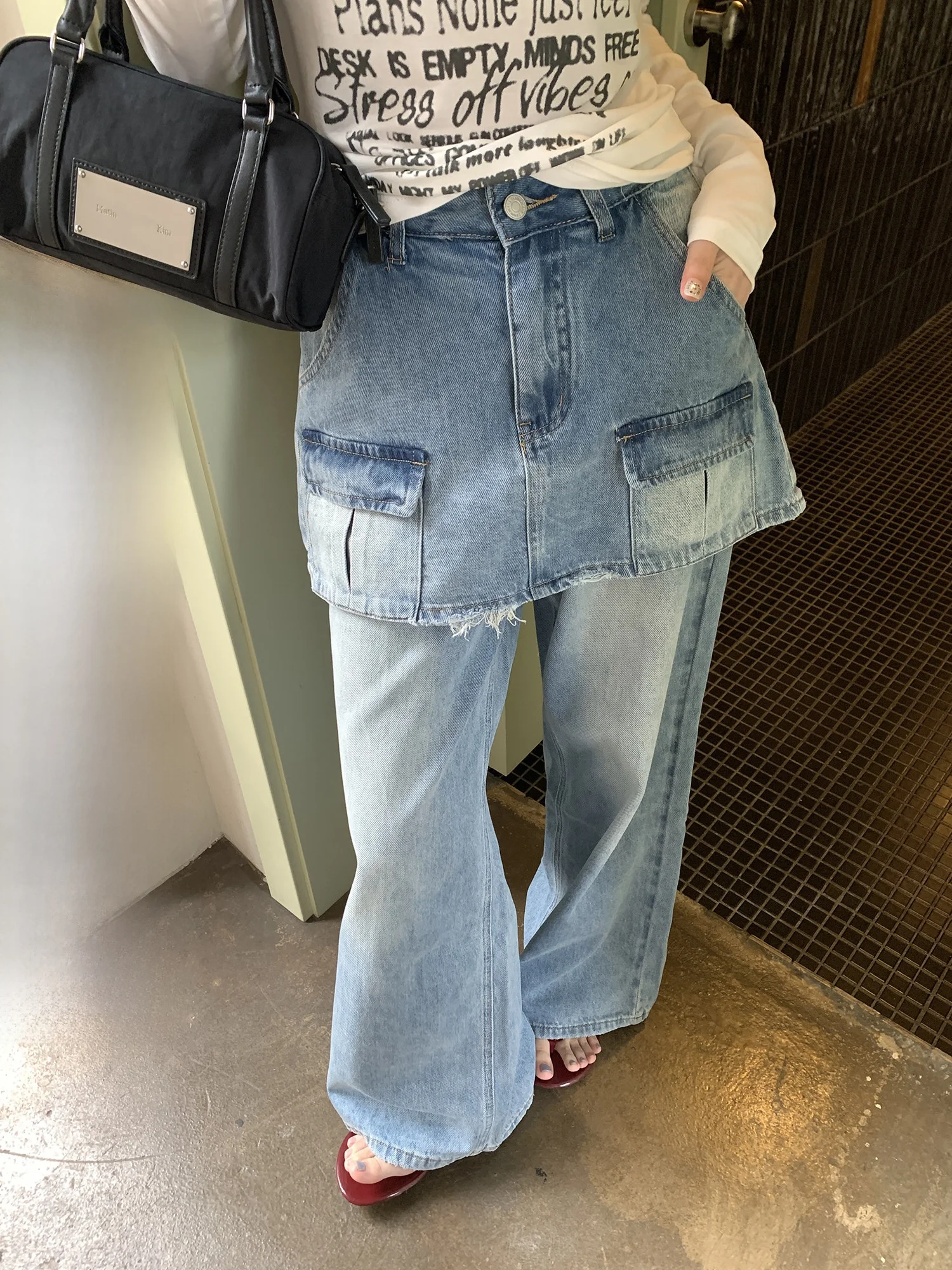 

Джинсы женские с высокой талией, А-силуэт, весна-лето, прямой крой, стройнящие, с эффектом двухслойности, драпированные, модные