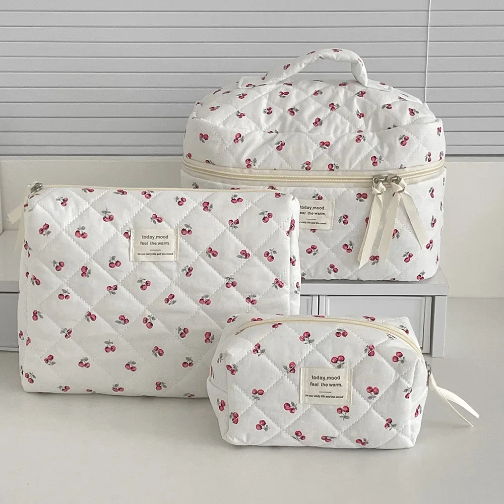 

Fashion Cherry Tote Women Makeup Bag Portable Cute Ladies Cosmetic Toiletry Storage Pouch Handbag Cotton Quilted Zipper Bag