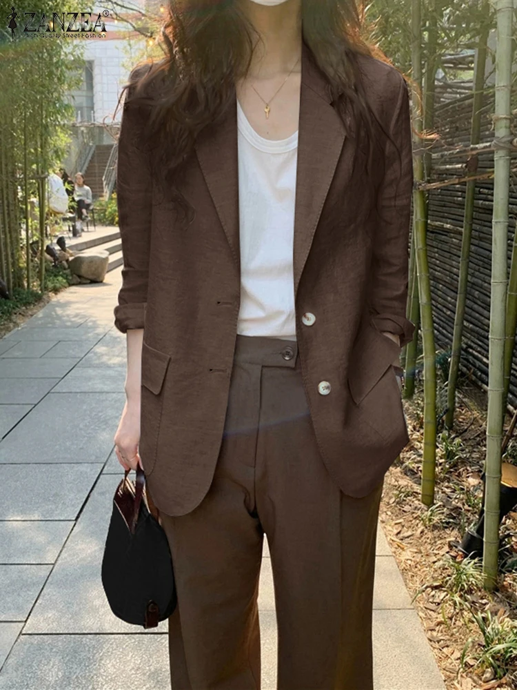 ZANZEA Elegant Women's Blazer Casual Loose Long Sleeve Lapel Neck Solid Suit Jackets 2025 Spring Cotton Vintage Old Money Blazer