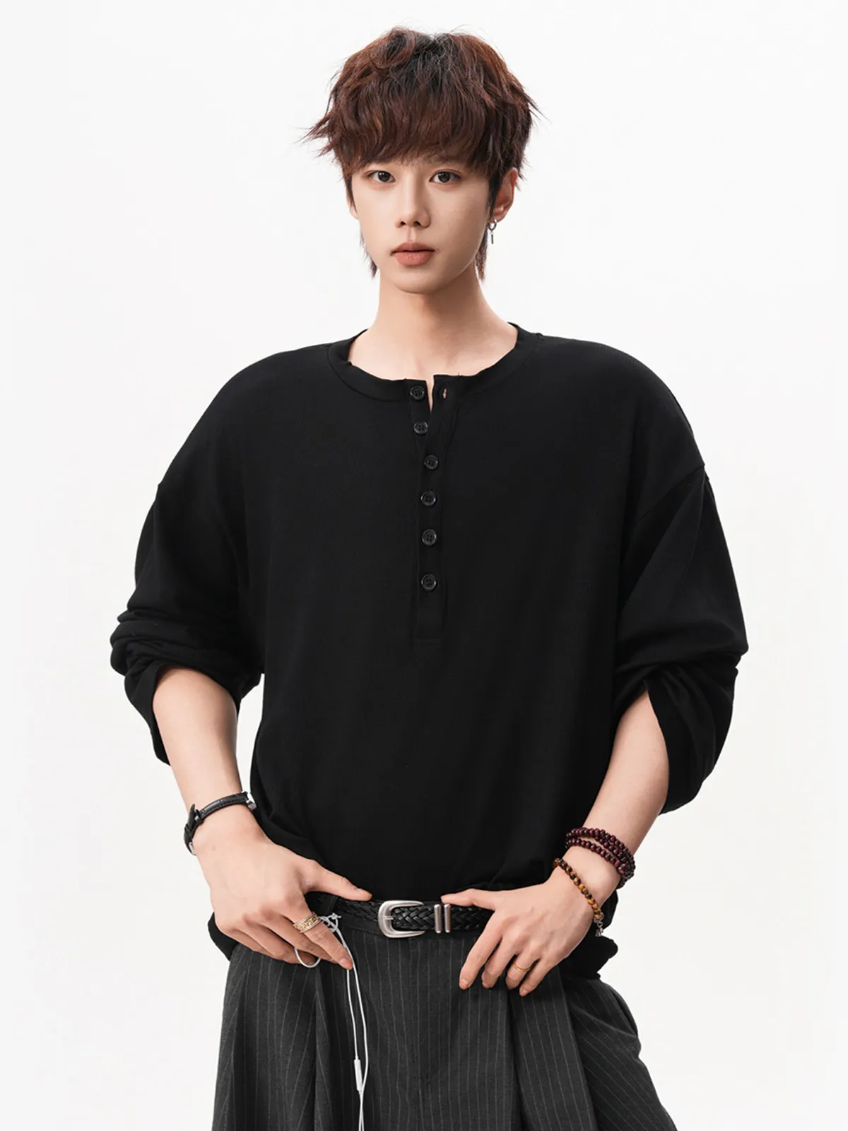 Men's American Vintage Relaxed Fit Long Sleeve Henley T-Shirt Loose Casual Couple Base Layer Top Spring Autumn Winter Tee