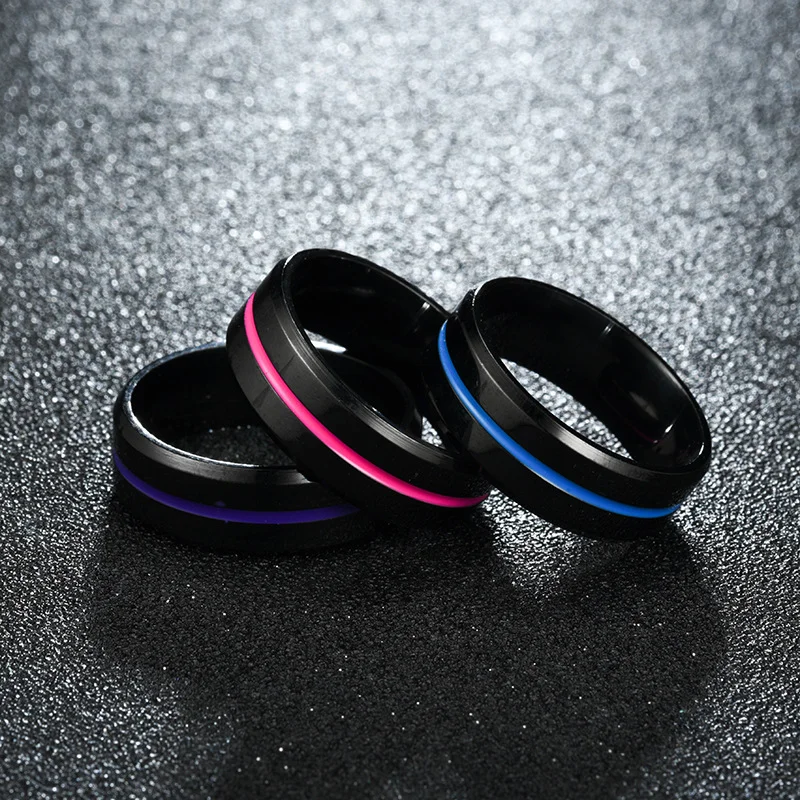 Fashion Men's Black Tungsten Wedding Band Rings 8mm Width Blue/Purple/Red Groove Beveled Edge Finger Ring Boyfriend Jewelry Gift