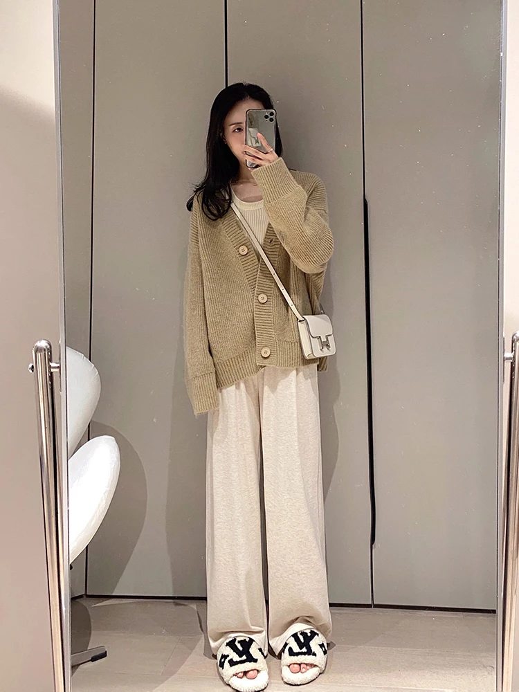 

Женские брюки с высокой талией, драпированные, из мягкого трикотажа, широкие, осенне-зимние, новые, повседневные, прямые, имитация шерсти, в стиле кэжуал