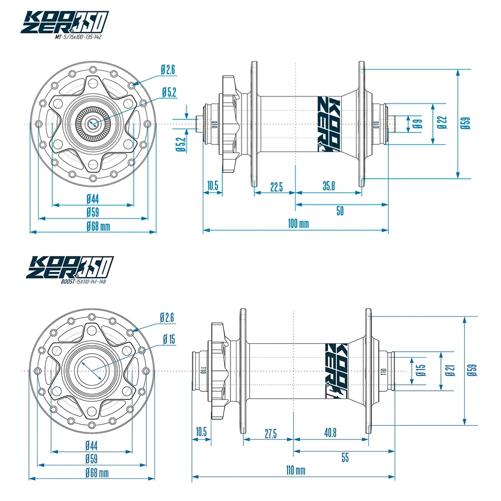 Koozer 350 Vorderradnaben 28H 32 36 Löcher 5x100 QR 15x110mm Boost 6-Loch Scheibenbremse 2 Gedichtete Lager AL7075 MTB Fahrradnaben E-Bike Teile – Detail 2