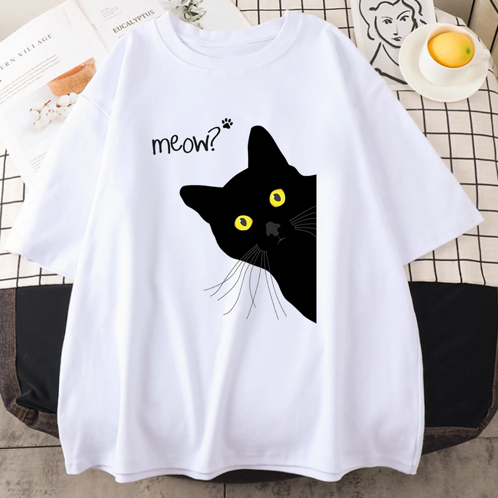 Miauen schwarze Katze lustige Druck männliche T-Shirts atmungsaktive T-Shirt Kleidung Sommer