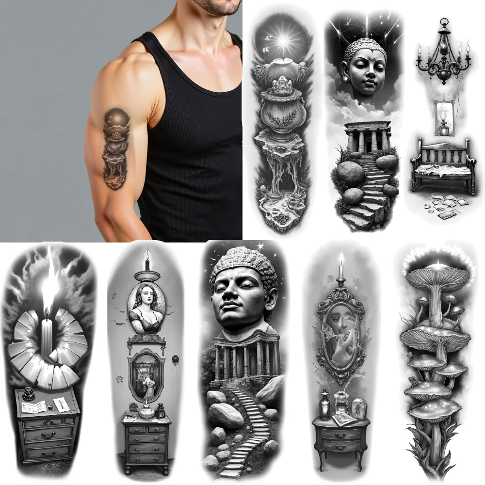 

3pcs Temporary Tattoo Candle Holder Waterproof Long-lasting Body Stickers Ancient Temple Ornate Mirror For Men Thighs Arms