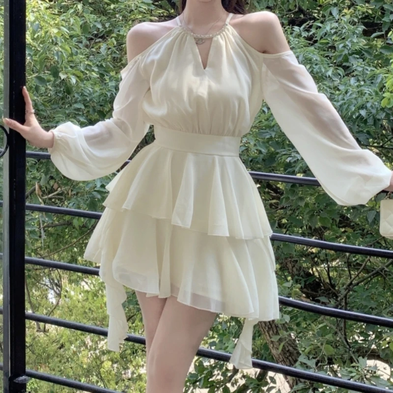 HOUZHOU Elegant Luxury Dresses for Women Fairycore Casual Chiffon Dress Sweet Short Skirt Fashion Summer White Mini Dress Slim