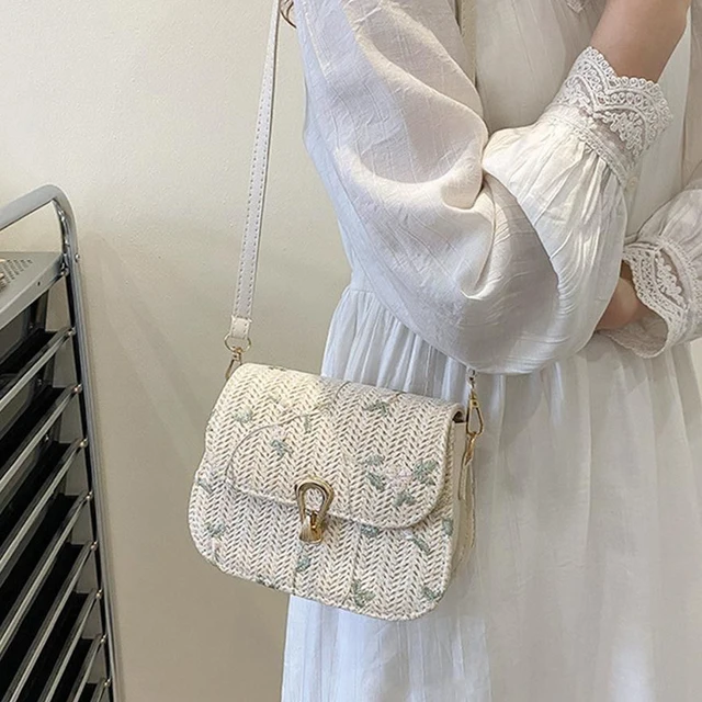 Moda kwiatowa tkana torba podsiodłowa kobiety śliczne słomiane torby na ramię modna torebka na co dzień damskie koronkowe hafty torby typu crossbody