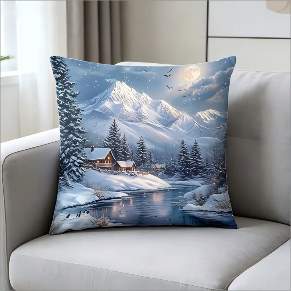 Winter Snow Mountain Cabin Print Throw Pillow Cover, Scenic Landscape Art Decorative Cushion Case for Sofa Bedroom