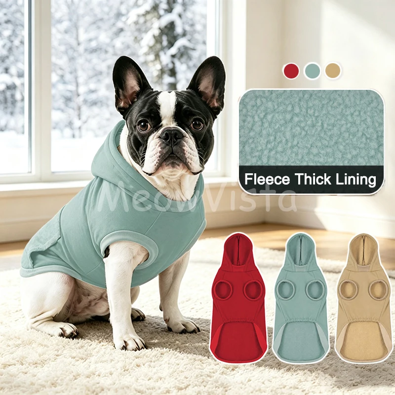 Sleeveless Dog Hoodie Fleece Lined Warm Pet Sweatshirt with Pocket Autumn Winter Dog Vest for French Bulldog Medium Large Dogs