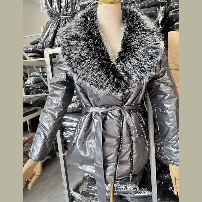 Women Glossy Puffer Parka Coat Large Faux Fur Collar Belt Waist Slim Fit Shiny Patent Down Jacket Zip Pocket Short Streetwear