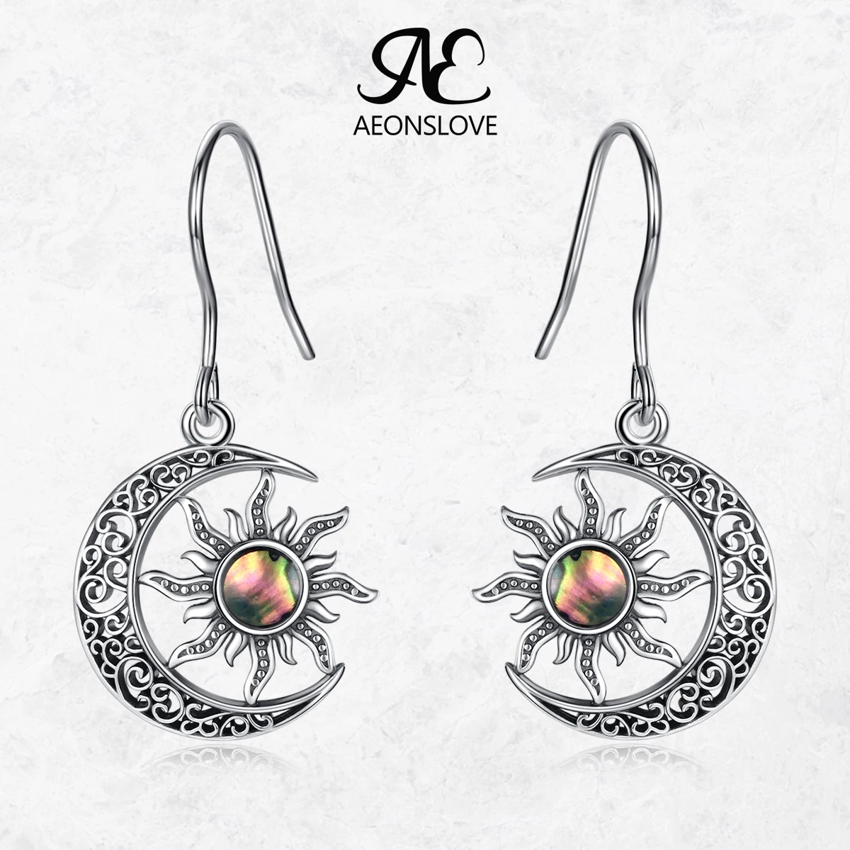AEONSLOVE 925 Sterling Silver Sun Moon Dangle Earrings Abalone Shell Celestial Filigree Earrings Spiritual Jewelry for Women