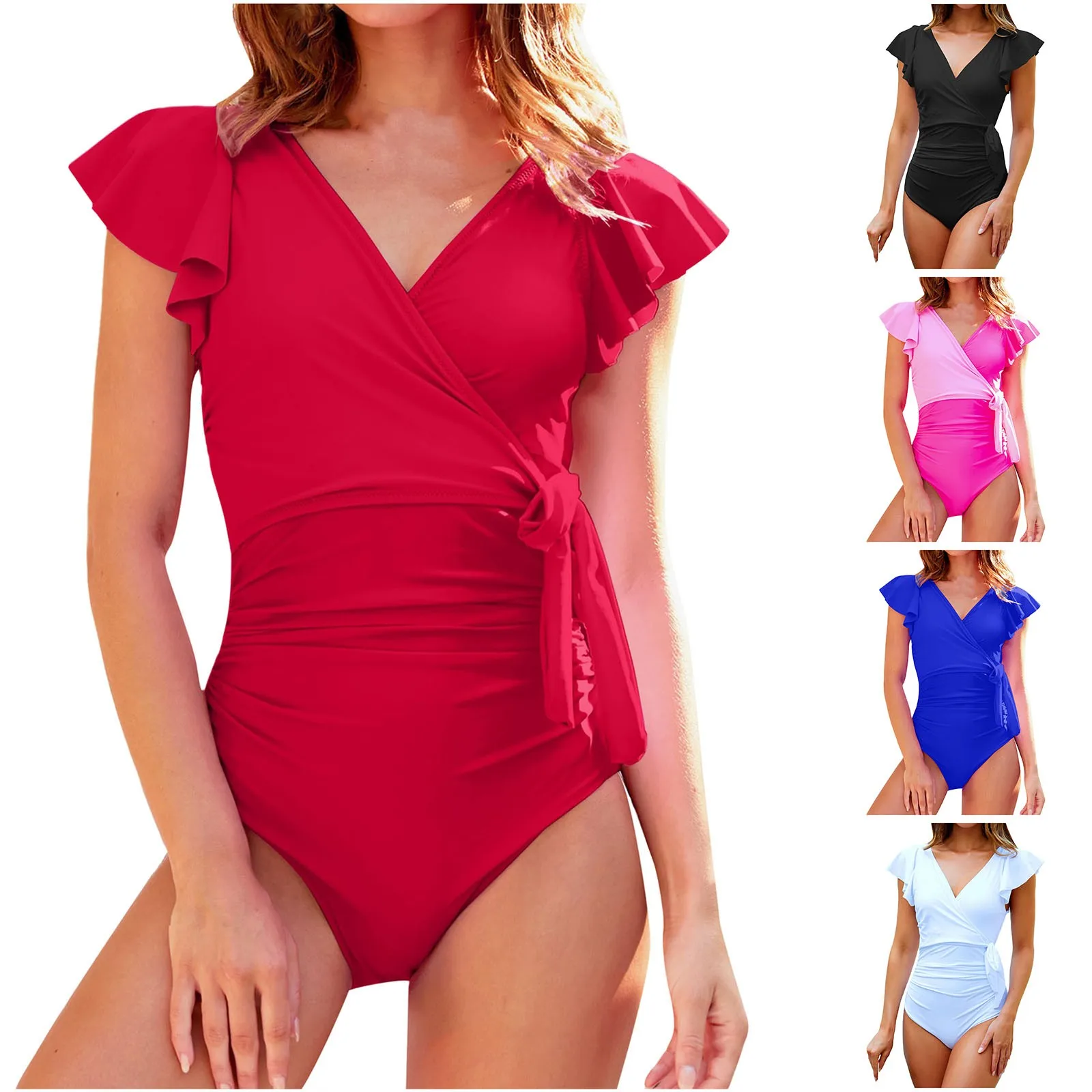 2024 Summer New Women\'s Swimwear Fashion Ruffle Short Sleeve One Piece Swimsuit Bikini Sexy V Neck Slim Lace Up Bikini Swimsuit