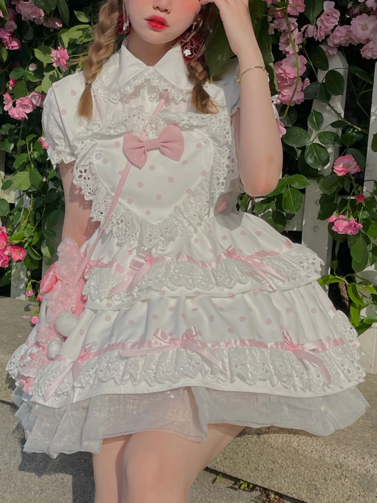 Robe japonaise Lolita Jsk pour femme, mini robes imprimées à pois, manches bouffantes, robe de princesse élégante, robe de soirée douce, été