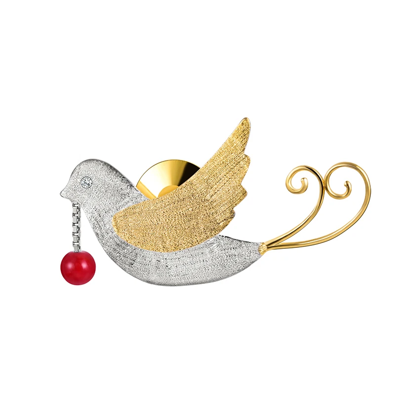 

Lotus Fun Real 925 Sterling Silver Handmade Fine Jewelry Creative Flying Birds with Fruits Brooches For Women Cute Gift