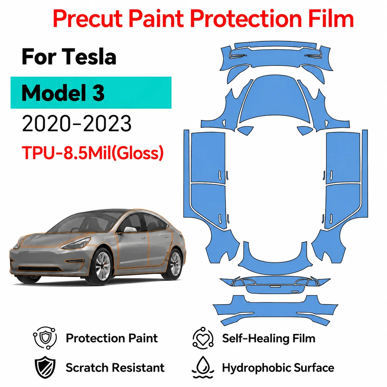 For Tesla Model 3 2020-2023 Precut Paint Protection Film Clear TPU PPF Anti-Scratch Self-Healing Car Accessories Repairable Kit