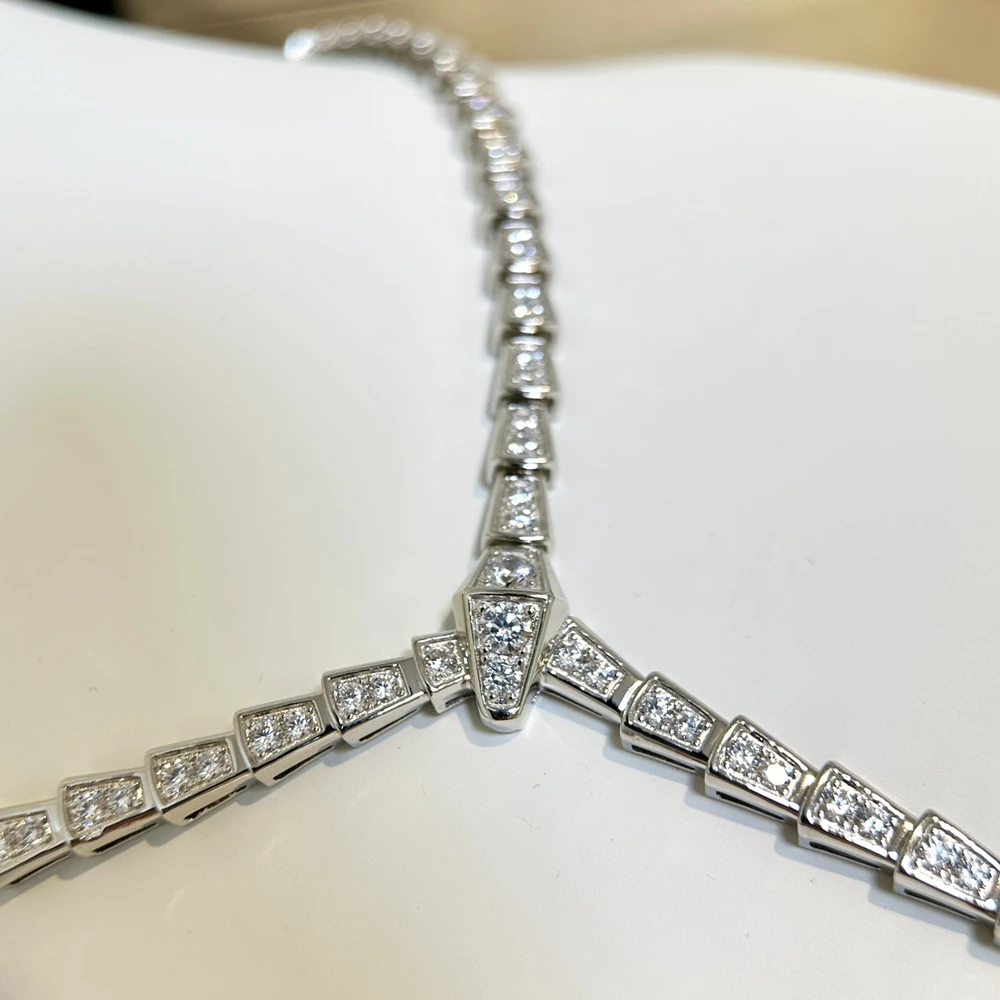 Solid 925 Sterling Silver Slim Full Zircon High Carbon Diamond Stone Narrow Snake Shaped Choker Necklace Women Luxury Jewelry