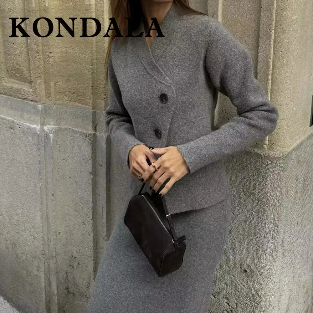 KONDALA 2025 Autumn Women Vintage Solid Suits Buttons Double-Breasted Cardigans+Sheath Long Vent Skirt Women Casual Fashion Sets