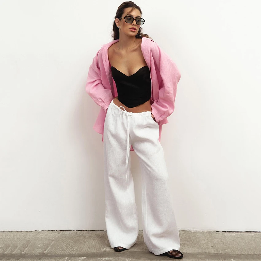 Linad Pantaloni casual bianchi larghi con coulisse Pantaloni da ufficio in cotone e lino a gamba larga Pantaloni lunghi a vita alta vintage autunnali femminili 2025