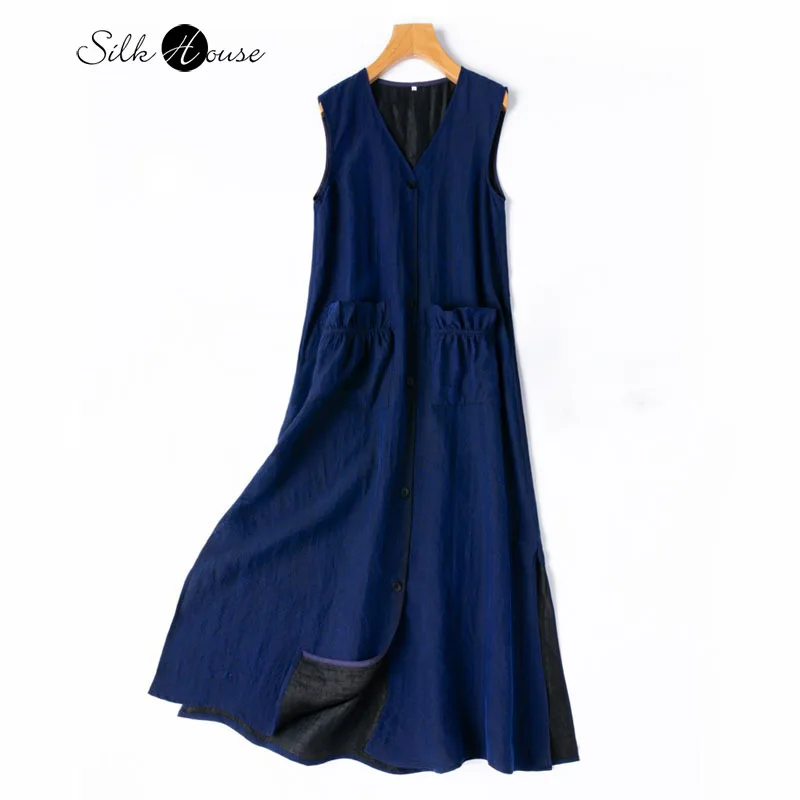 

Retro Art 100% Natural Mulberry Silk Turtle Crack Gambiered Guangdong Gauze Deep Treasure Blue Sleeveless V-neck Tank Top Dress