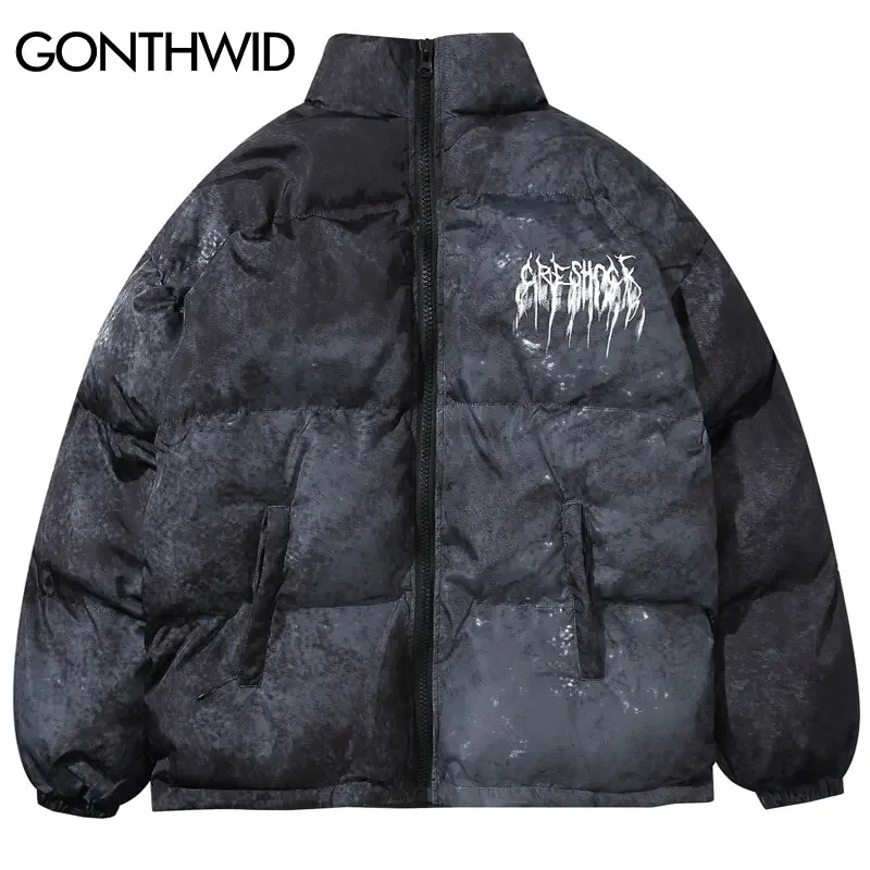 GONTHWID Graffiti Ink Tie Dye Print Cotton Padded Puffer Parka Jackets Streetwear Hip Hop Winter Casual Punk Rock Parkas Hipster