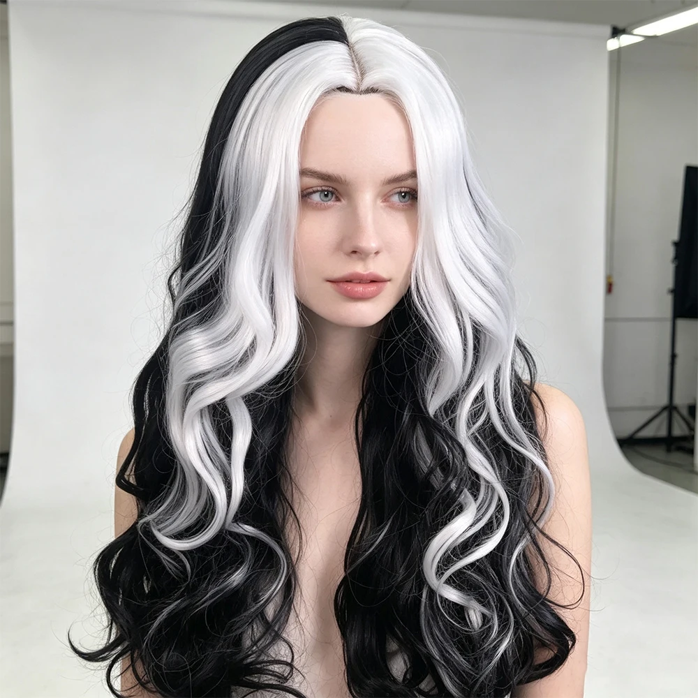 70cm Long Rolled Witch Black and White Synthetic Wig, Used for Holiday Parties and Halloween Role-Playing