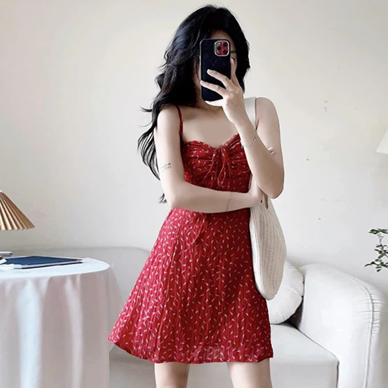 

Women Red Dresses Casual Floral Pritned Sleeveless Summer Holiday Daily Sling Mini Dress Women Floral Miniskirt Sexy Dress