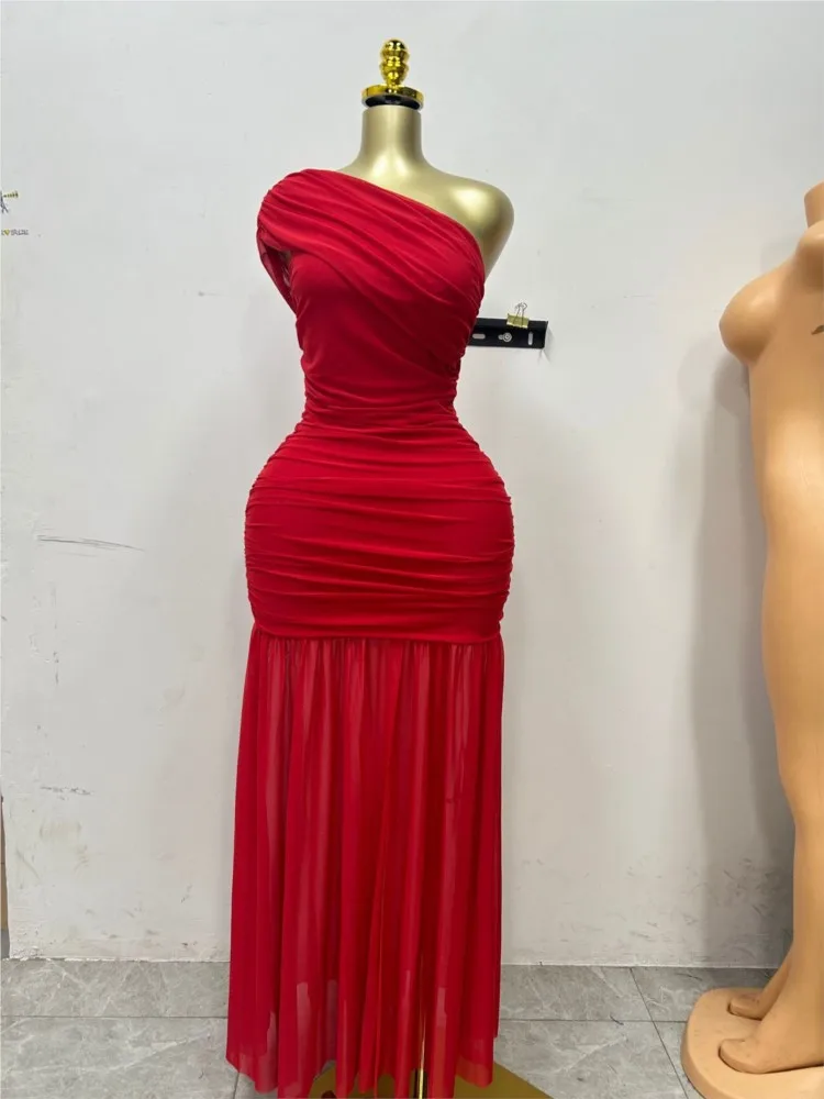 

2025 Bodycon Vestidos Mesh Dress Party Dresses Slit Vestido Femininos Wrinkles Patchwork Solid Color Skew Collar Sleeveless Sexy