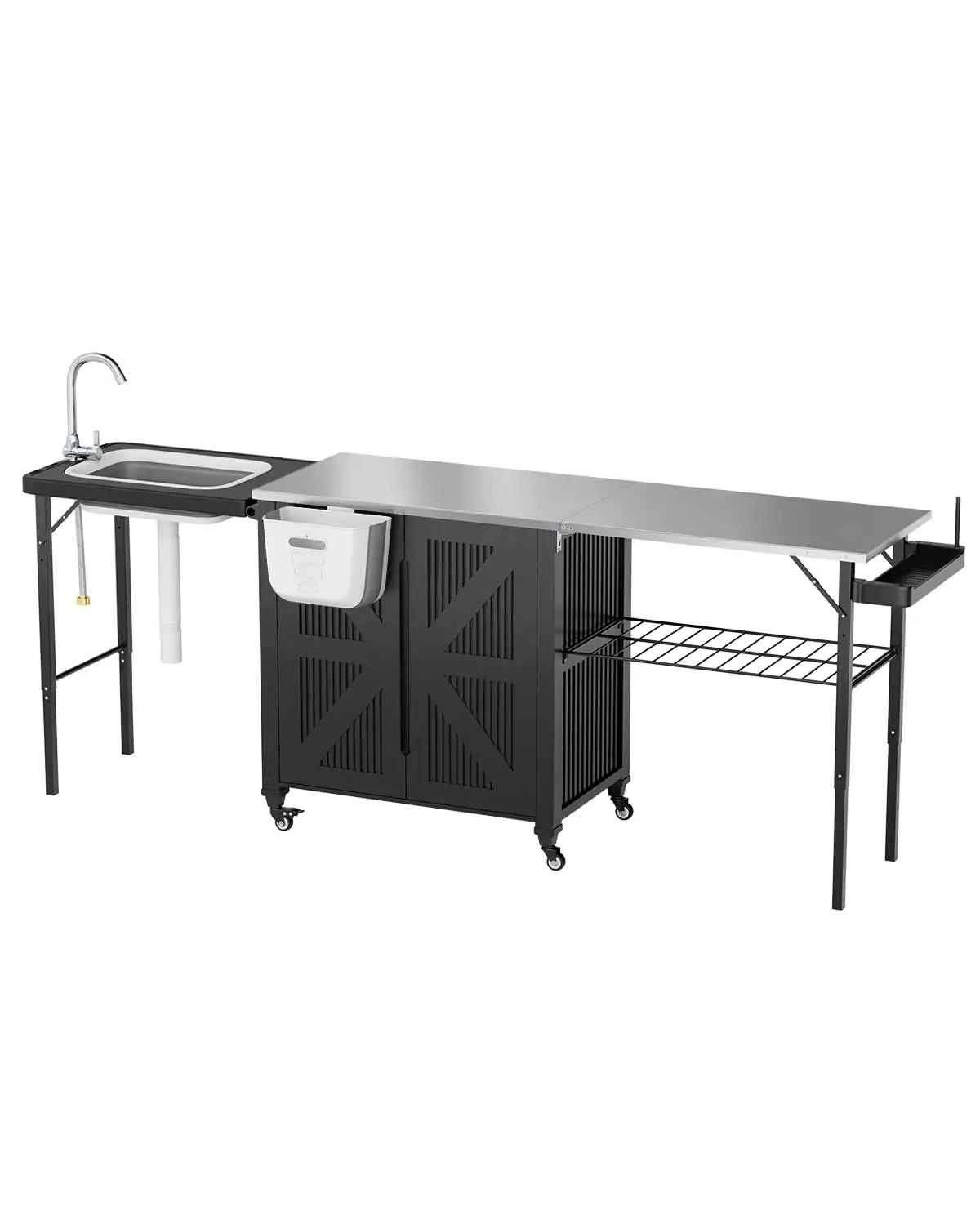3-in-1 Portable Folding Outdoor Kitchen Island with Cabinet, Stainless Steel Rolling BBQ Grill Table for Patio, Backyard
