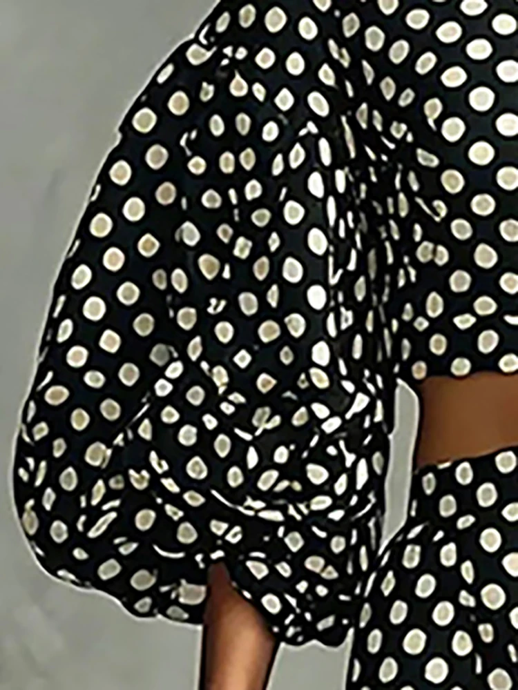 Women‘s Polka Dot Puff Sleeve Top Two Piece Set Elegant High Neck Slim Crop Top With Wide Leg Pants Loose Casual Trousers Set