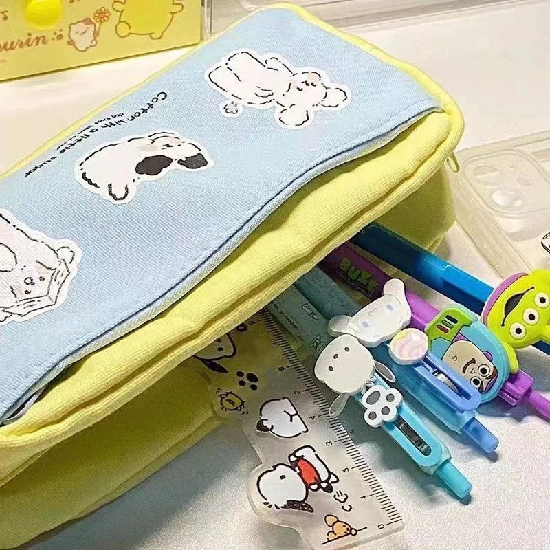 Cute Cartoon Pattern Canvas Makeup Bag Toiletry Storage Bags Large Capacity Pencil Case Contrast Color Stationery Box