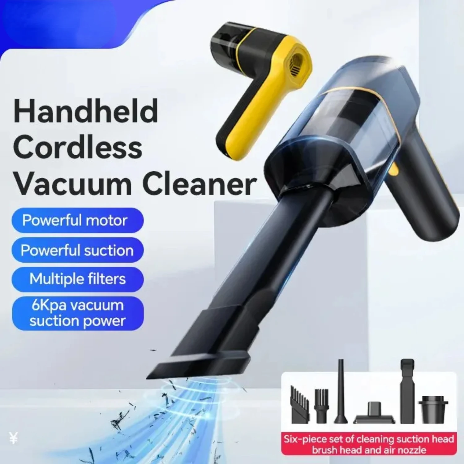 Compact Portable Dual-Purpose Wireless Handheld Car Vacuum Cleaner with 6-in-1 Function and Impressive High-Suction Power