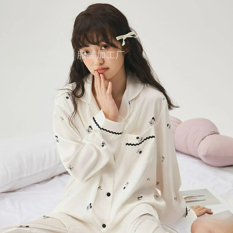 

2Pcs Lapel neck ultra-wave cherry ice silk pajamas women's casual comfortable ladies' home wear suit Long Sleeves Long Pants