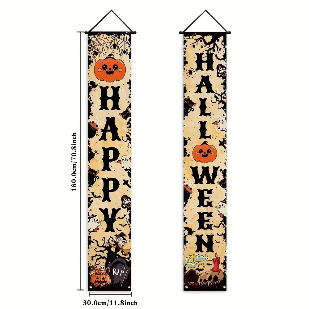 Happy Halloween Vertikales Verandabanner-Set Vintage Kürbis Geist Spinne Totenkopf Fledermaus Türdekorationen für Halloween Hängedekorationen – Detail 1