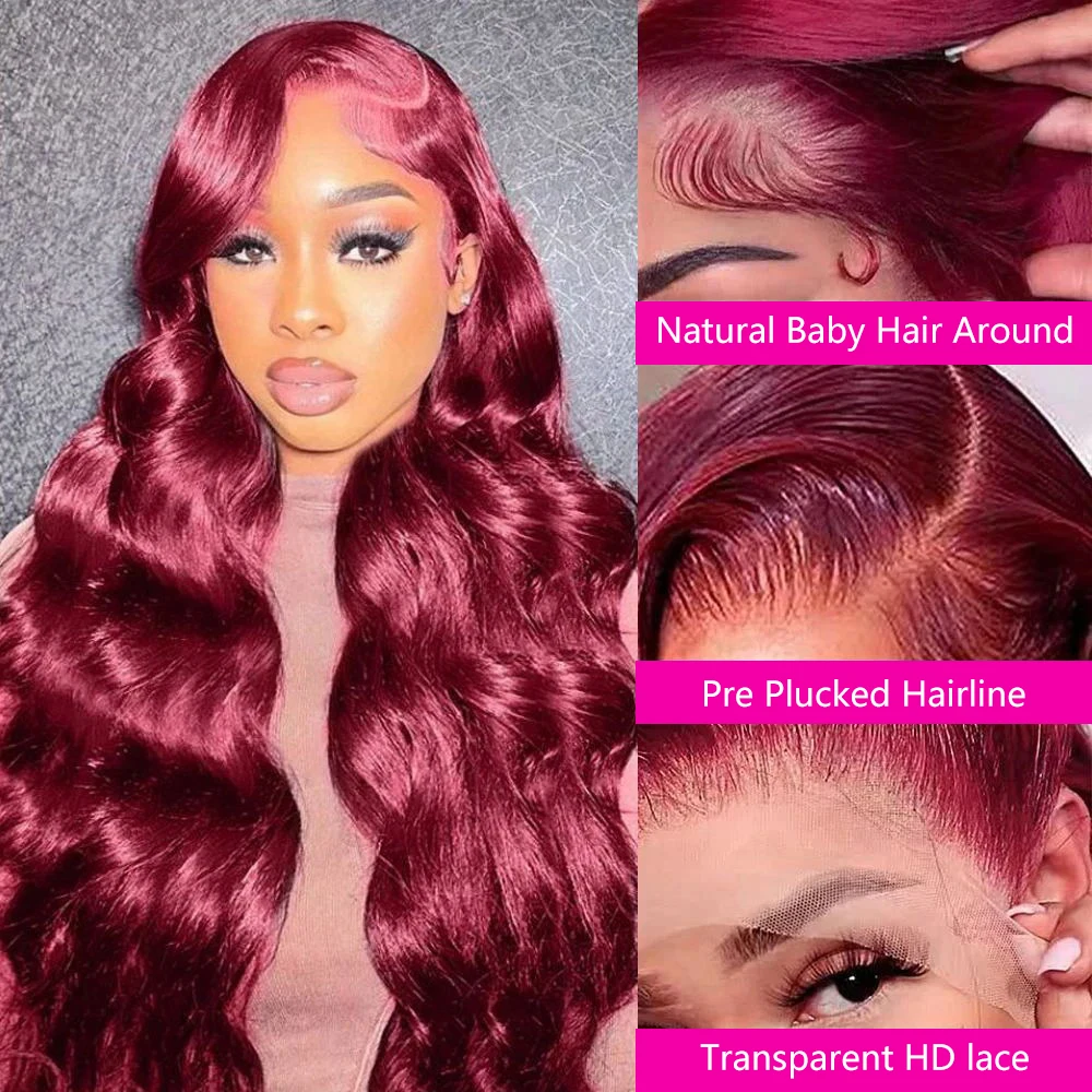 99J بورجوندي الجسم موجة الباروكات شعر مستعار أمامي خصلات الشعر المستعار الإنسان 13x6 HD الدانتيل الباروكات الأمامية شعر الإنسان قبل قطعها 220 كثافة شعر مستعار للنساء #3