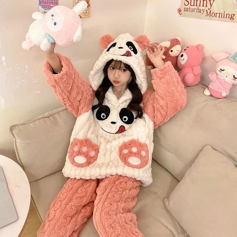 Winter Pajamas Sets Women Flannel Thicken Sleepwear Coral Fleece Cute Panda Pyjama Loungewear Korean Homewear Suit Night Wears