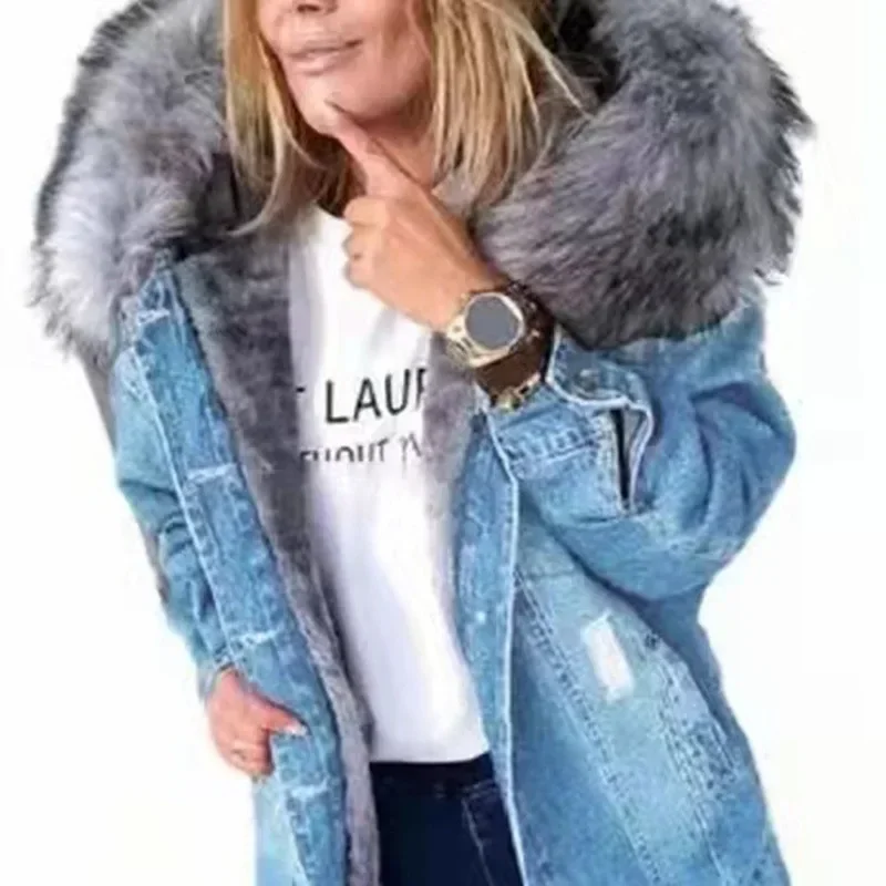 

Jackets Women Denim Coat Thick Warm Hooded Fur Collar Single Breasted Full Sleeve Casual Coats Open Stitch Autumn Winter