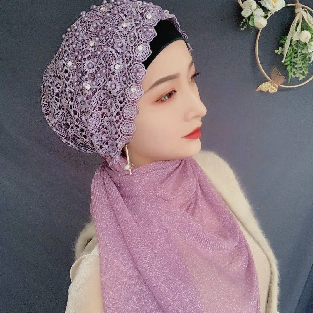 

Luxury Pearl Beaded Hijab Instant Scarf Women Muslim Headscarf Shawls Bonnet Hat One Piece Amira Wedding Party Head Wrap Niqab