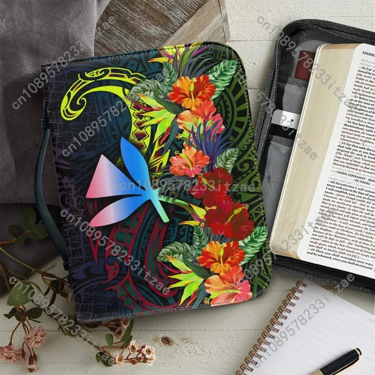 المرأة حقيبة يد جلدية الساخن البولينيزية نمط فرانجيباني نمط طباعة الكتاب المقدس حقيبة مخصصة الكتاب المقدس غطاء حالة حمل الكتاب المقدس حقيبة التخزين