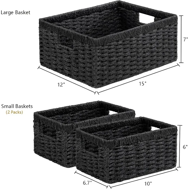 Wicker Storage Basket, Set of 3 Wicker Basket, Hand-Woven Paper Rope Storage Baskets for Organizing, Large Cube Storage