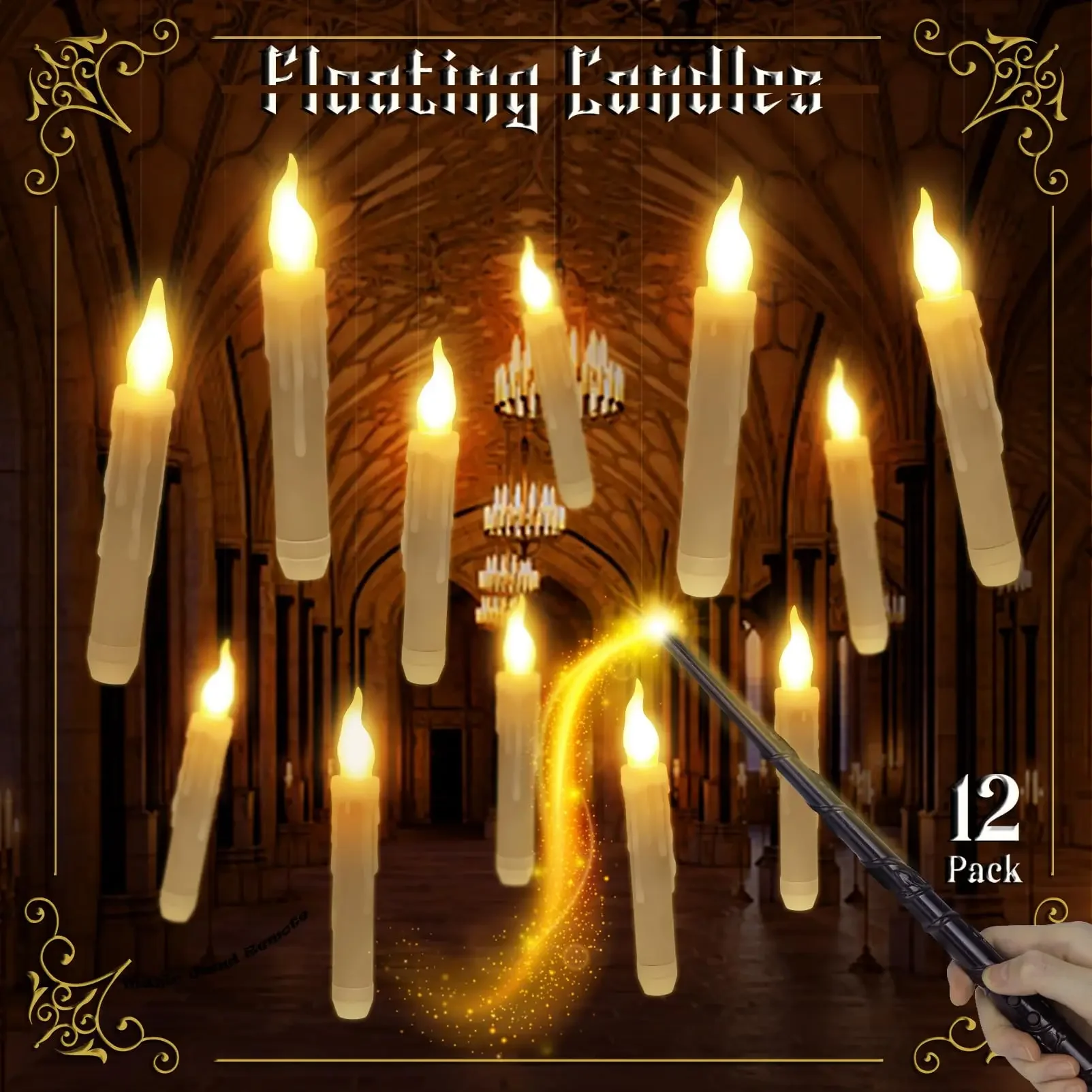 12pcs Magic Floating Candles with Wand Remote Flameless LED Flickering Hanging Candle for Halloween Christmas Room Ceiling Decor