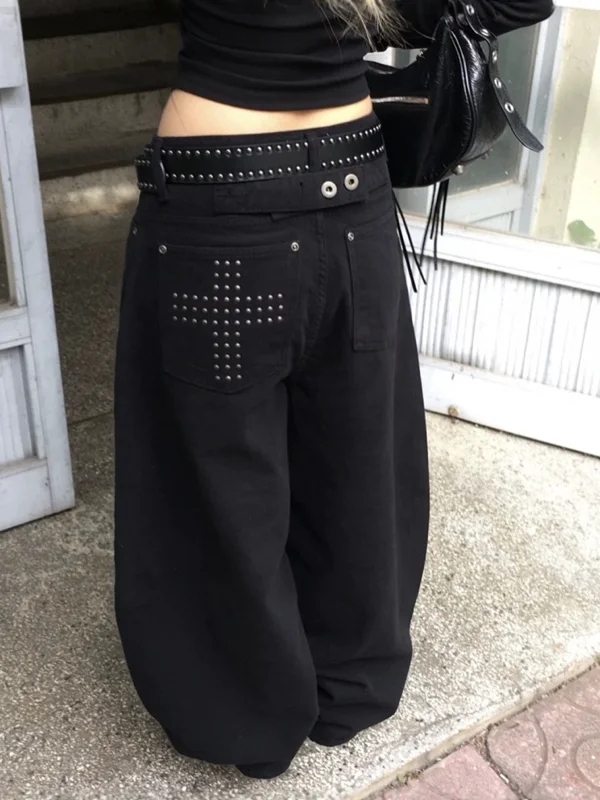 

Женские джинсы в стиле ретро с заклепками и крестообразными элементами, свободного кроя, с высокой талией, из хлопка, повседневные, весенние