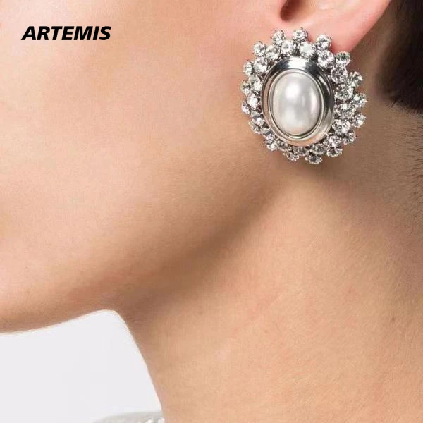 

European American Gold Silver Large Crystal Pearl Ear Clip Women Fashion Design Luxury Jewelry